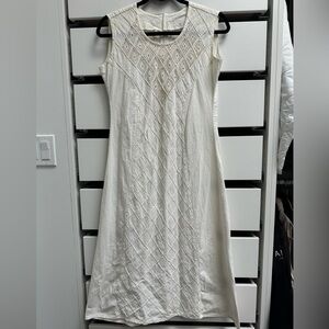 VINTAGE Linen Metallic Embroidered Ivory Midi Slip Dress Size Small